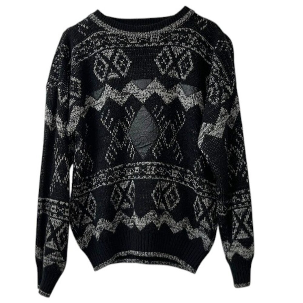 VTG Chartwell Black Gray Patterned Crewneck Sweater Genuine Leather Detail